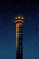 A futuristic tower with lights against a starry night sky.