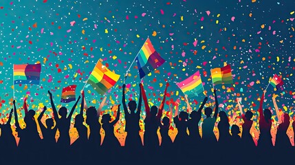 Joyful Crowd Celebrating Pride with Rainbow Flags and Confetti