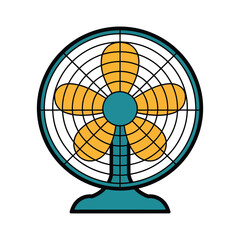 A flat vector illustration of vintage desk fan blowing cool air on summer day