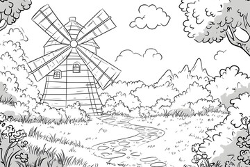 Color Windmill Scene: Coloring Book Pages