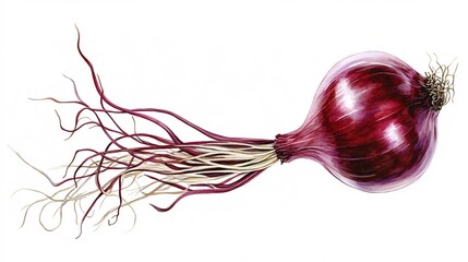 A red onion on a white background with extended roots, and fine texture, emphasizing freshness and natural beauty
