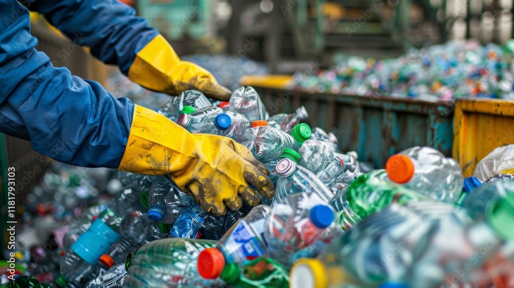 Aufkleber Workers in protective gloves sort through a large collection of plastic bottles at a recycling facility, ensuring proper waste management.