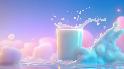 Refreshing Milk Splash with Vibrant Colors in Soft Background, Captivating Visual of Dairy Drink Surrounded by Soft Foam and Colorful Light Effects