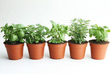 Fototapeta premium Potted basil and herb plants in terracotta pots on white background.