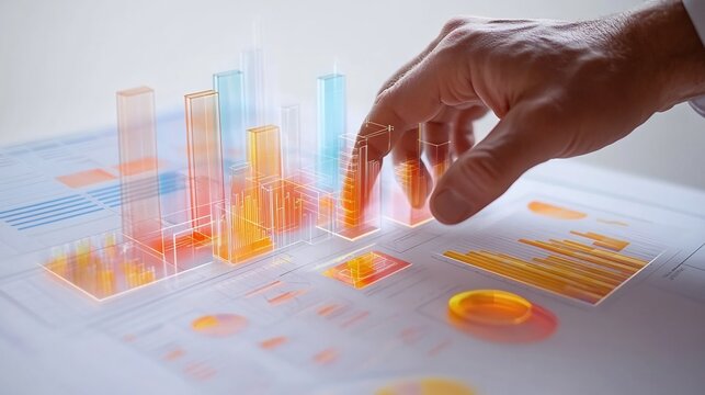 Interactive Data Visualization: A Hand Interacting with a 3D Cityscape Model Representing Business Analytics and Financial Data