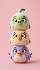 A pile of cute and funny baby bird and piglet dolls in soft colors