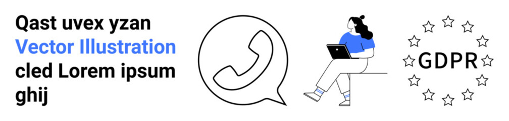 Stylized outline of a chat bubble with phone icon, person using a laptop, text elements, and GDPR stars logo in black and blue. Ideal for data privacy, communication apps, tech solutions, digital
