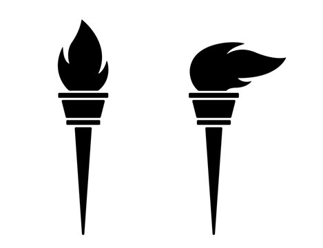 Lighted torch icon, black silhouette isolated on white. A burning torch with flames fluttering in the wind, minimalist stencil shape. Vector clipart sign or logo, symbol of world sport games.