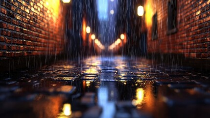 Obraz premium Rainy Night in Cobblestone Alley with Warm Street Lights Reflections on Wet Surface