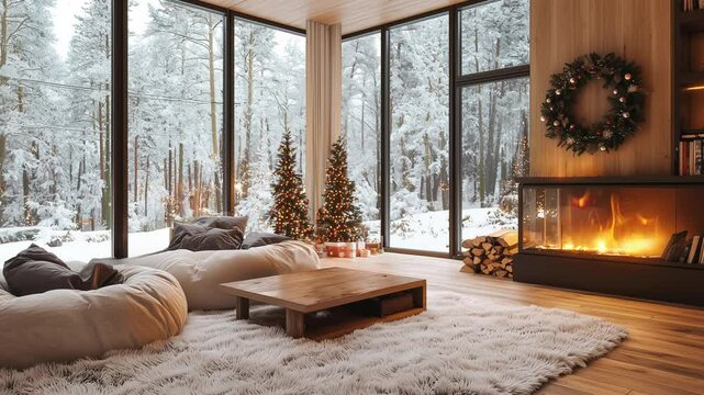 Modern chalet interior with warm tones, inviting and peaceful