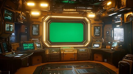 Interior of futuristic control room with green screen.