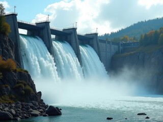 Hydroelectric dam releases powerful water flow in a serene natural landscape