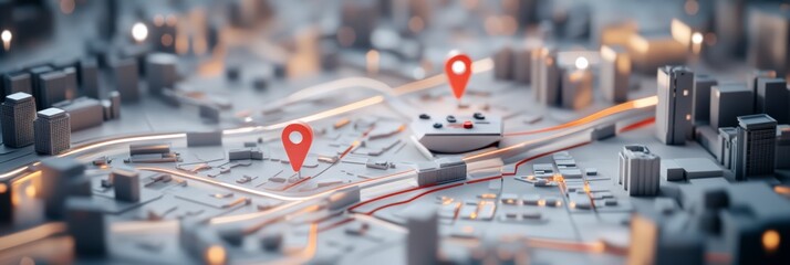 Illuminated orange route connecting two red map pins on a futuristic 3d city map, symbolizing modern navigation and route planning in urban environments