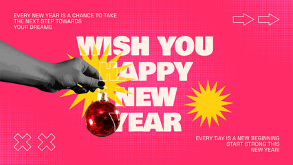 Trendy Happy New Year Collage Banner. Halftone hand holding red cutout ball and yellow doodle stars. Wish you merry Christmas and happy new year concept. Retro modern vector design.