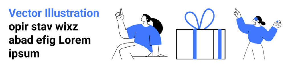 Cartoon people wearing blue pointing up next to a large gift box with a blue ribbon. Ideal for holiday campaigns, promotional events, celebrations, marketing materials, greeting cards, festive