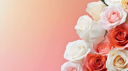 Fototapeta premium Romantic Rose Bouquet Coral Peach White Roses Floral Background Wedding Mothers Day