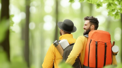 Outdoor adventures and camping promote sustainability. Two men enjoying nature in vibrant yellow jackets and backpacks.