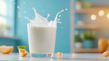Fresh and Creamy Milk Splash in a Transparent Glass with Citrus Fruits on a Bright Blue Background for Refreshing Beverage Theme