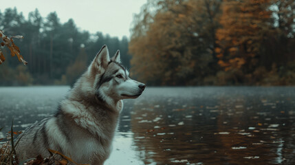 Siberian husky resting by a serene autumn lake with scenic forest view