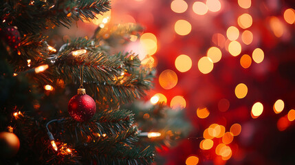 Christmas tree with red ornament and festive lights in the background