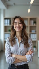 Fototapeta premium A cheerful young woman with long, wavy hair stands confidently in a contemporary office space, arms crossed and smiling warmly. Her professional attire and bright demeanor radiate positivity and