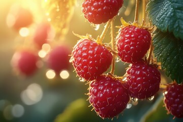Freshly picked raspberries glistening in morning light with dew drops reflecting shimmering sunlight in a garden setting