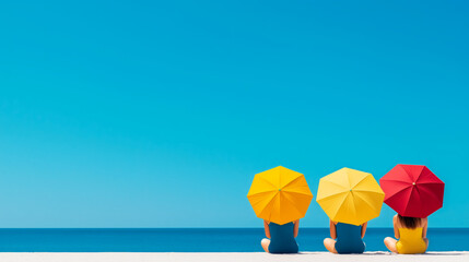 Bright summer beach day with colorful umbrellas and clear blue skies