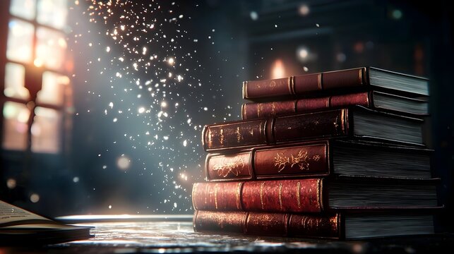 Magical Stack of Antique Books Cozy Fireplace Winter Scene
