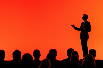 Fototapeta premium Bold Leader Standing on Stage Giving Presentation Against Vibrant Orange Background