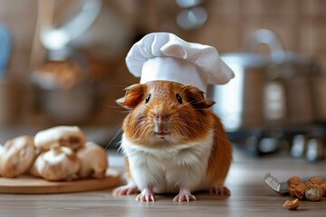 Cute guinea pig wears chef hat in cozy kitchen, surrounded by freshly baked treats and kitchenware