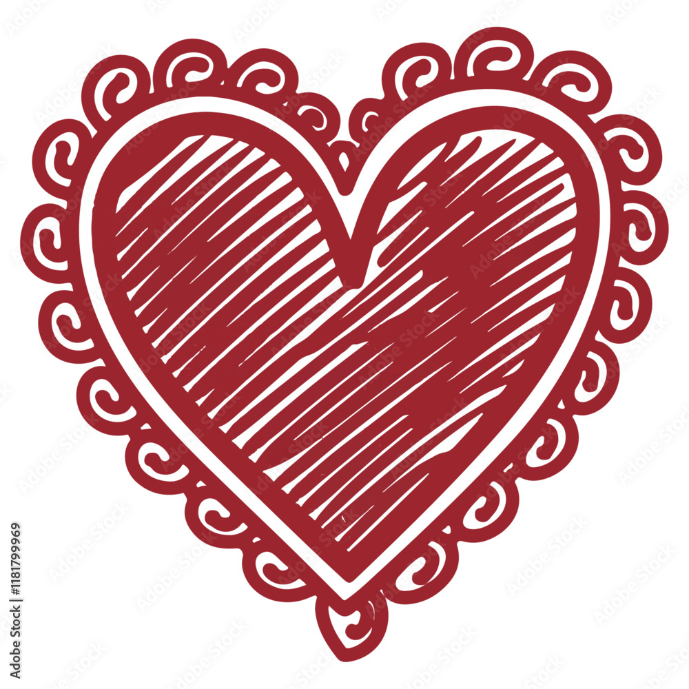 Fototapete A hand-drawn red heart icon symbol with a decorative border. The heart is filled with a swirl pattern. The icon is isolated on a white background. Happy valentines day design.