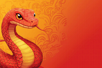 Fototapeta premium The red snake on the left is on a red background, a cute image with elements of traditional Chinese New Year. Advertising, holiday banner.