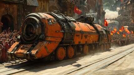 Naklejka premium Vibrant Industrial Train Passing Through Crowded Celebration Scene
