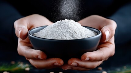 Fototapeta premium Hands holding a black bowl filled with fine white powder, showcasing the texture and details in a culinary setting with dark contrasting background