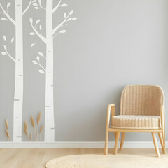 Grey Wall Illustration with Birch Trees and Chair