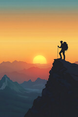 A hiker stands on a cliff at sunset, embracing the beauty of nature and adventure.