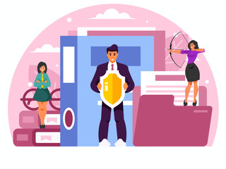 Security of working documents. Businesswoman stands with arms crossed on chest. Businessman holding protective shield in your hands. Personal data security. Woman shooting from a bow