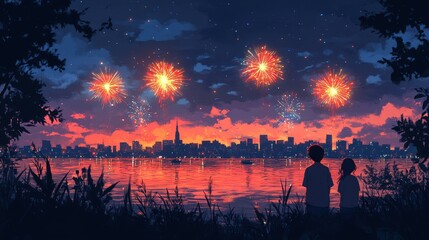 Obraz premium Romantic Evening by Water with Fireworks Over City Skyline