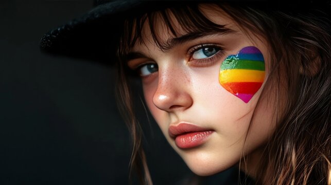 Sad young girl with rainbow tears in black hat, symbolizing lgbtq pride on dark background