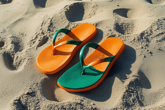 Orange and green flip-flops on the beach with copy space for text, summer vacation concept 2