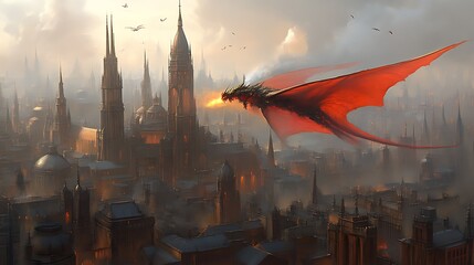 Red dragon flying over gothic city at dawn.