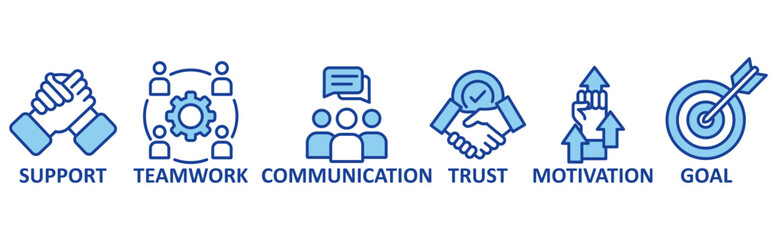 Collaboration icon set illustration concept with icon of teamwork, support, communication, trust, motivation,goal	