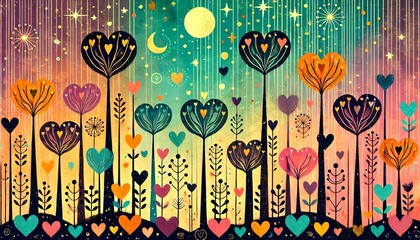 Whimsical Heart Shaped Forest Under a Starry Sky.