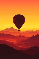 Fototapeta premium A serene hot air balloon gliding over vibrant mountains at sunset.