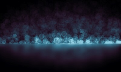 Blue bokeh and reflection. Glowing glitter particles. Dark backdrop. Abstract night background.
