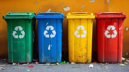 Obraz premium Four recycling bins in blue, green, yellow, and red stand in a row against a bright orange wall, surrounded by litter on the ground, showcasing urban waste management efforts.