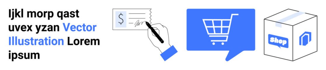 Shopping cart, hand signing payment receipt, and shipping box icon on a blue and white background. Ideal for e-commerce, online shopping, payments, shipping, retail, business, and sales themes