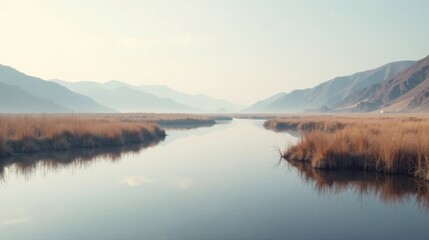 Fototapeta premium Serene landscape of a tranquil waterway reflecting hazy mountains and golden grasses