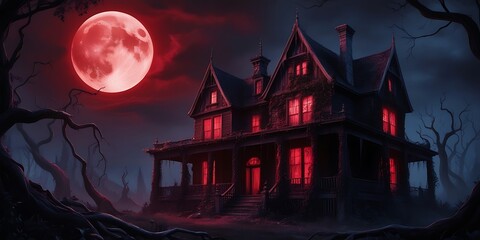 Eerie Haunted House at Night - Spooky Abandoned Mansion Under Moonlight with Foggy Atmosphere