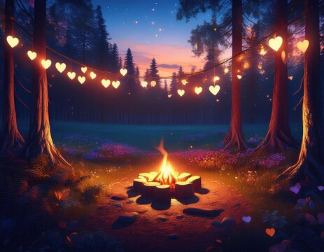 A cozy campfire glows beneath heart-shaped lights in a tranquil forest setting at dusk.